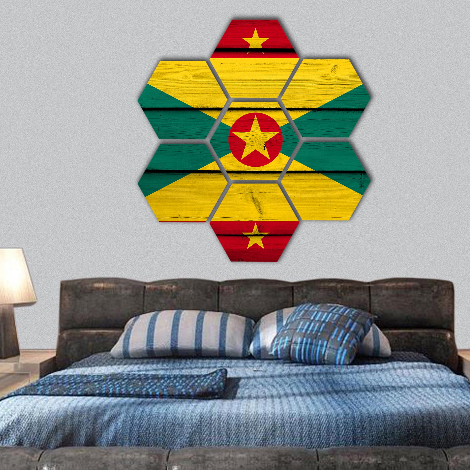Grenada Flag on wood background hexagonal canvas wall art