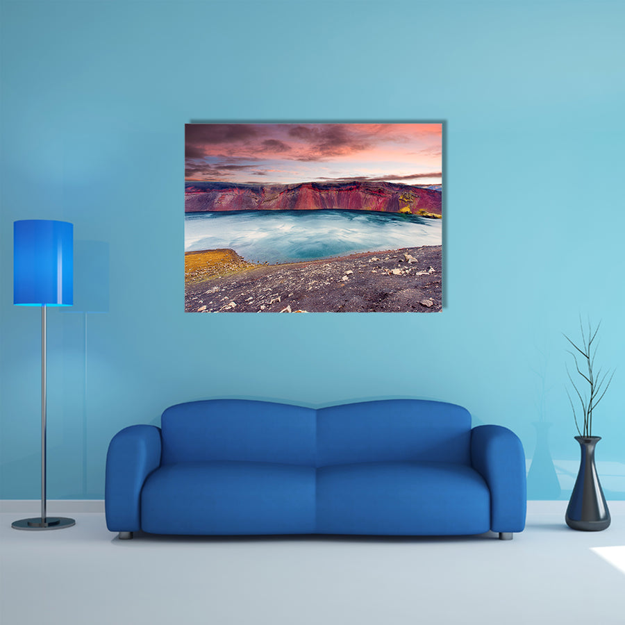 Sunset over Ljotipollur Lake in the crater of volcano canvas wall art