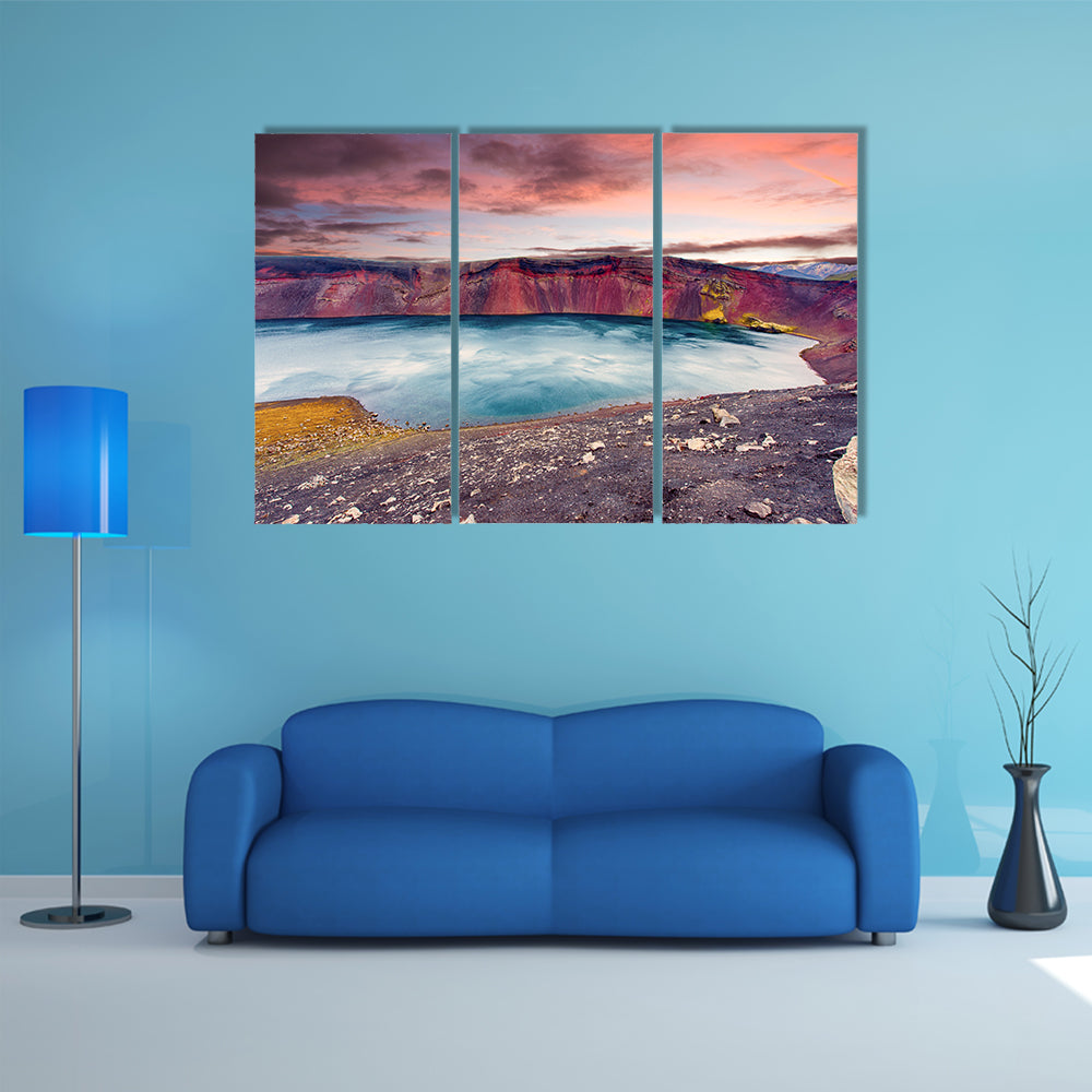 Sunset over Ljotipollur Lake in the crater of volcano canvas wall art