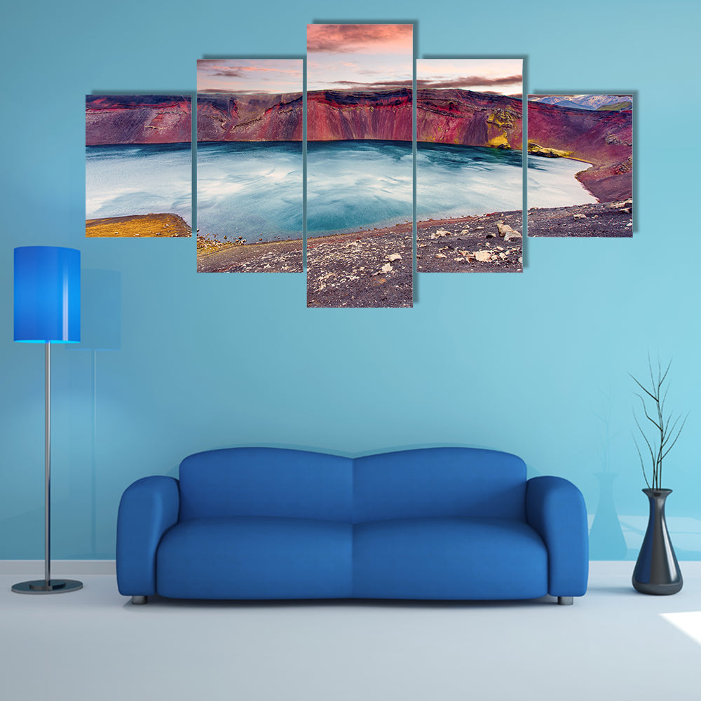Sunset over Ljotipollur Lake in the crater of volcano canvas wall art