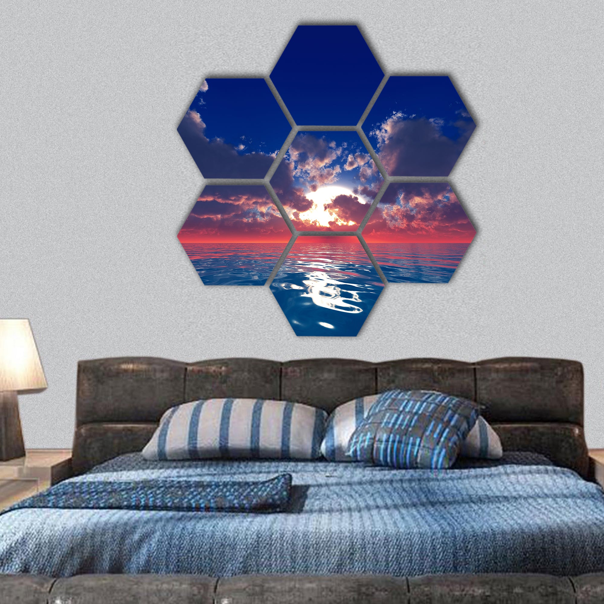 big sun with rays in clouds over calm ocean sunset hexagonal canvas wall art