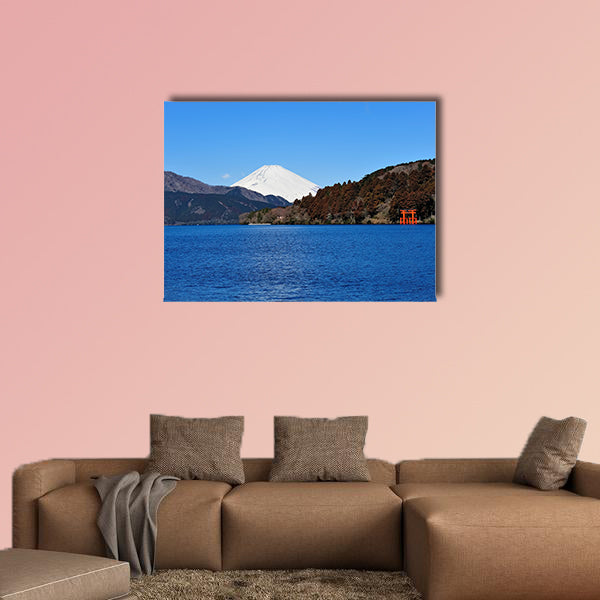 Hakone Lake and Mount Fuji in Japan, with a torii gate Multi panel canvas wall art