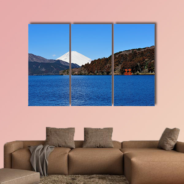 Hakone Lake and Mount Fuji in Japan, with a torii gate Multi panel canvas wall art