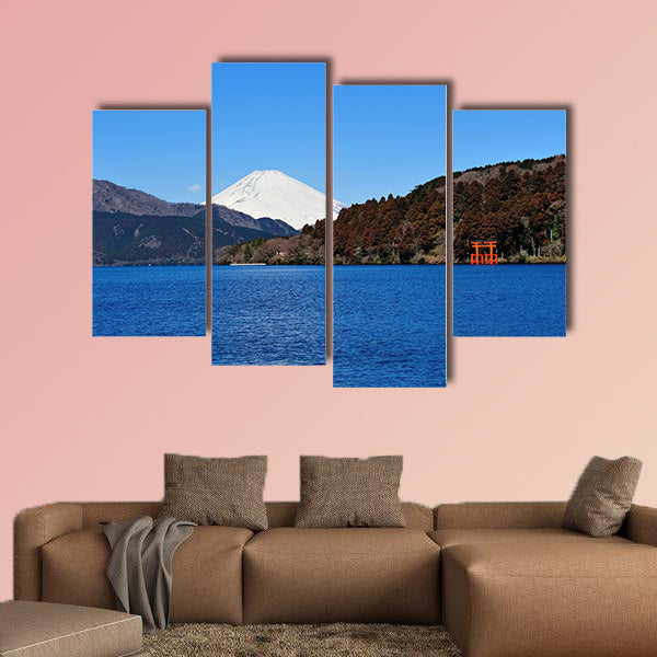 Hakone Lake and Mount Fuji in Japan, with a torii gate Multi panel canvas wall art