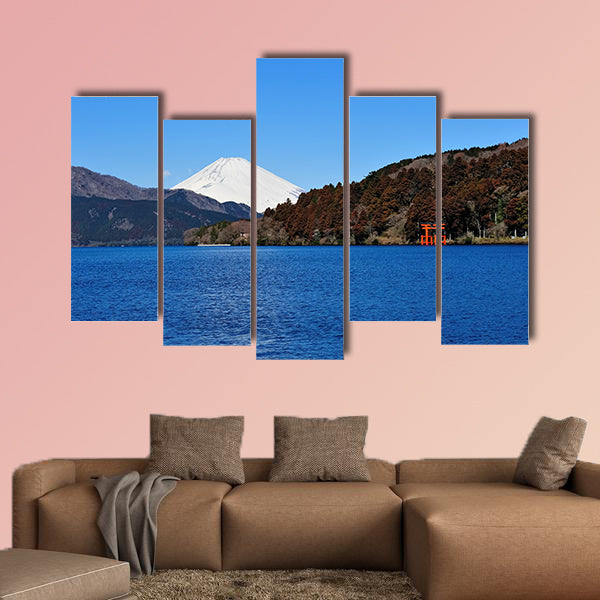 Hakone Lake and Mount Fuji in Japan, with a torii gate Multi panel canvas wall art