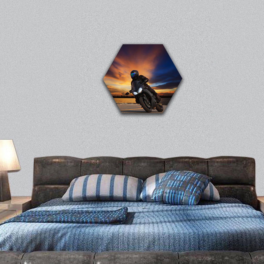 man riding big bike motorcycle on asphalt highways road hexagonal canvas wall art