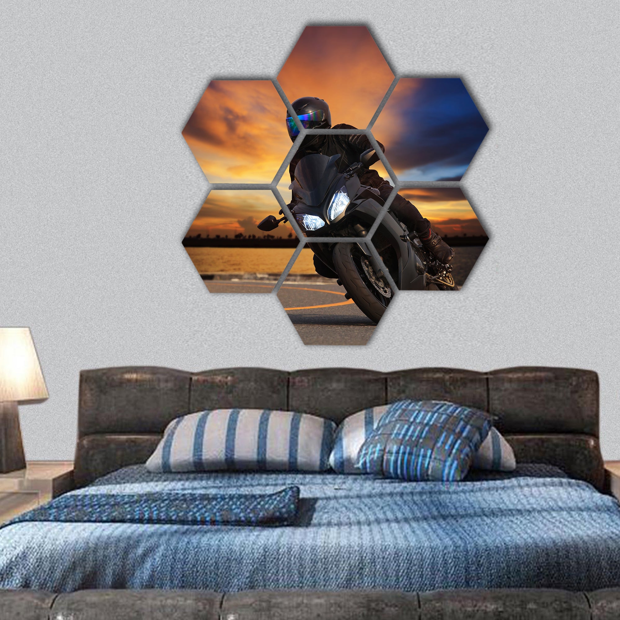 man riding big bike motorcycle on asphalt highways road hexagonal canvas wall art