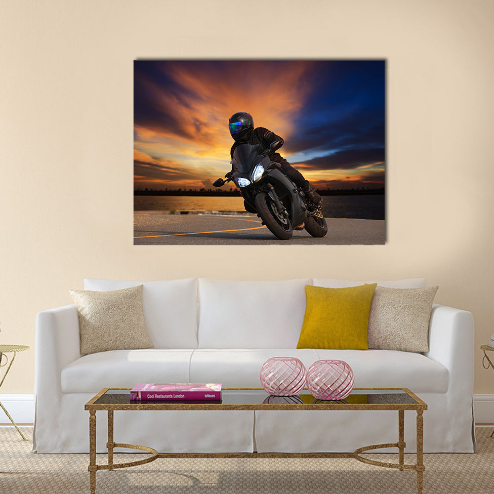 Young man riding big bike motorcycle people adventure sport leisure theme Multi panel canvas wall art