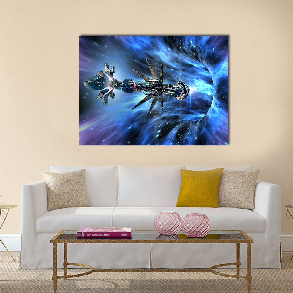 Futuristic Scenery of Alien Spaceship Entering A Wormhole Multi Panel Canvas Wall Art