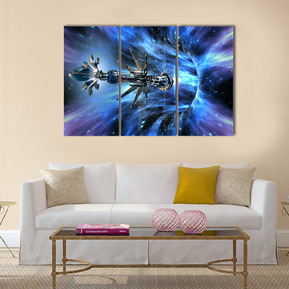 Futuristic Scenery of Alien Spaceship Entering A Wormhole Multi Panel Canvas Wall Art