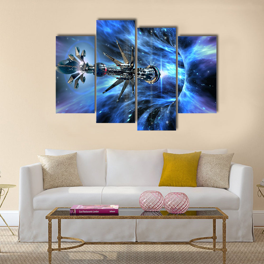 Futuristic Scenery of Alien Spaceship Entering A Wormhole Multi Panel Canvas Wall Art