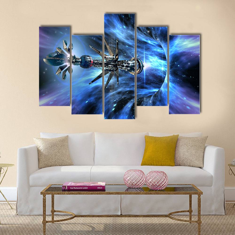 Futuristic Scenery of Alien Spaceship Entering A Wormhole Multi Panel Canvas Wall Art