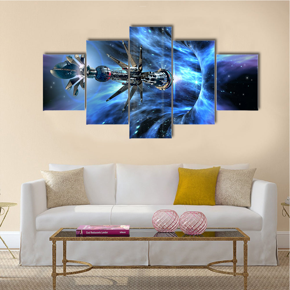 Futuristic Scenery of Alien Spaceship Entering A Wormhole Multi Panel Canvas Wall Art