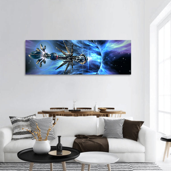 Futuristic spacecraft entering a wormhole science fiction  panoramic canvas wall art