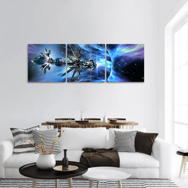 Futuristic spacecraft entering a wormhole science fiction  panoramic canvas wall art