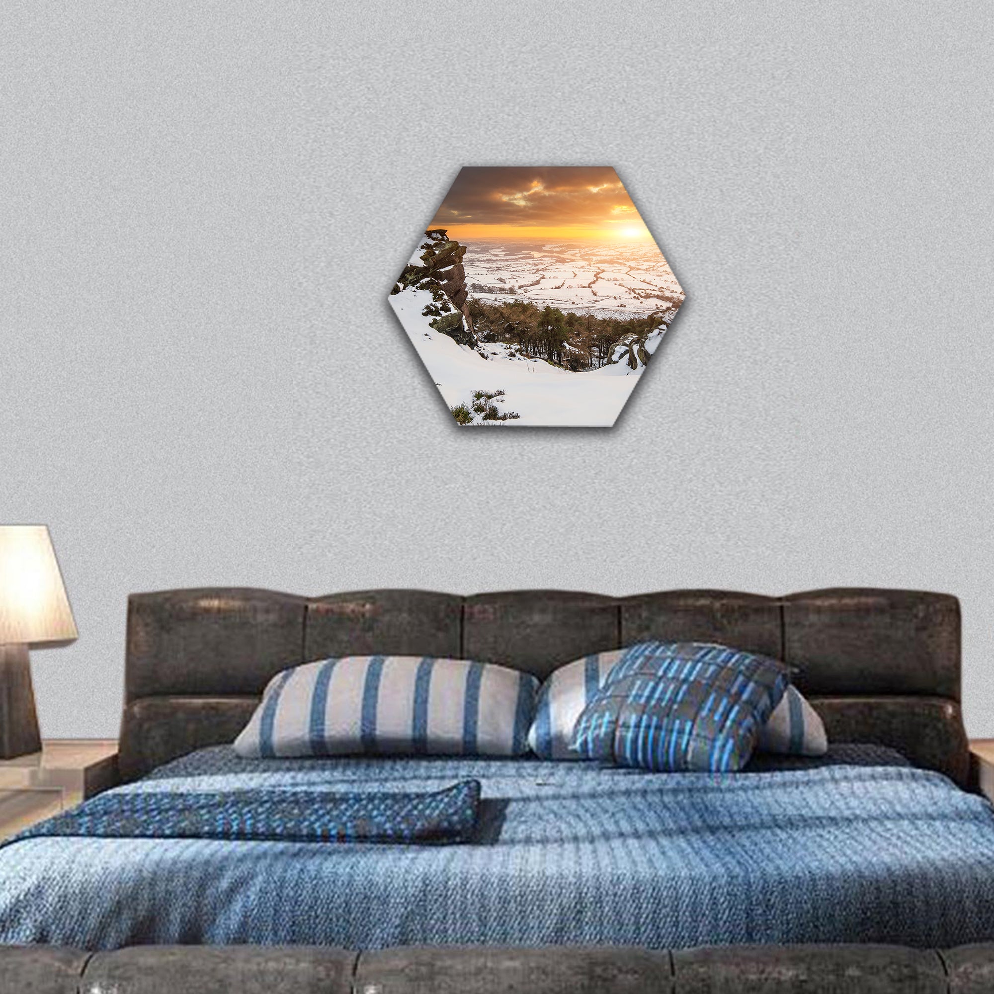 Stunning Winter sunset landscape from mountains hexagonal canvas wall art