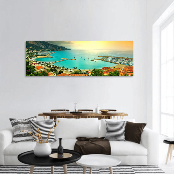 Beach and coastline with sunset, Menton ,Azur coast, Europe panoramic canvas wall art