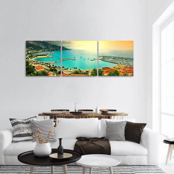 Beach and coastline with sunset, Menton ,Azur coast, Europe panoramic canvas wall art