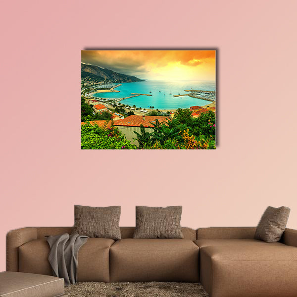 Famous beach and coastline with beautiful sunset, Menton wall art