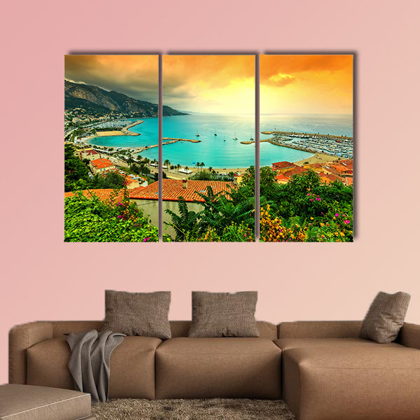 Famous beach and coastline with beautiful sunset, Menton wall art