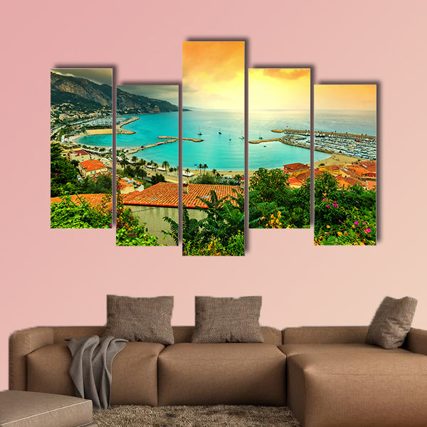 Famous beach and coastline with beautiful sunset, Menton wall art