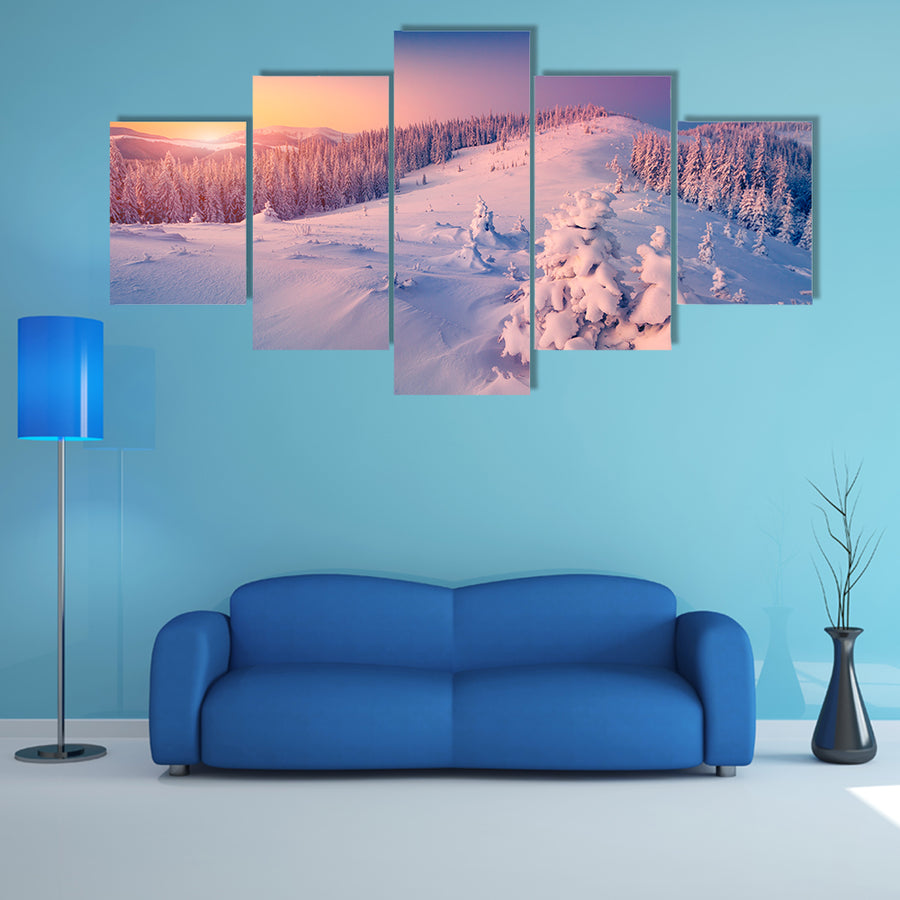 A Colorful Winter Sunrise In The Mountains Multi Panel Canvas Wall Art