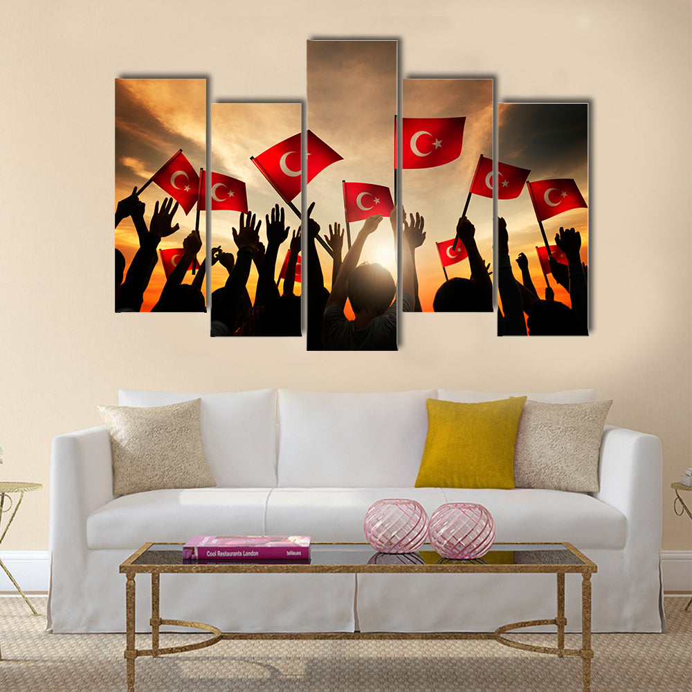 Silhouettes of People Holding the Flag of Turkey Multi panel canvas wall art