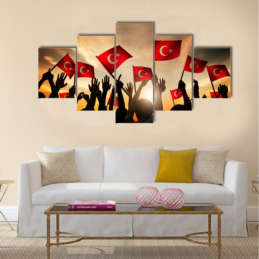 Silhouettes of People Holding the Flag of Turkey Multi panel canvas wall art