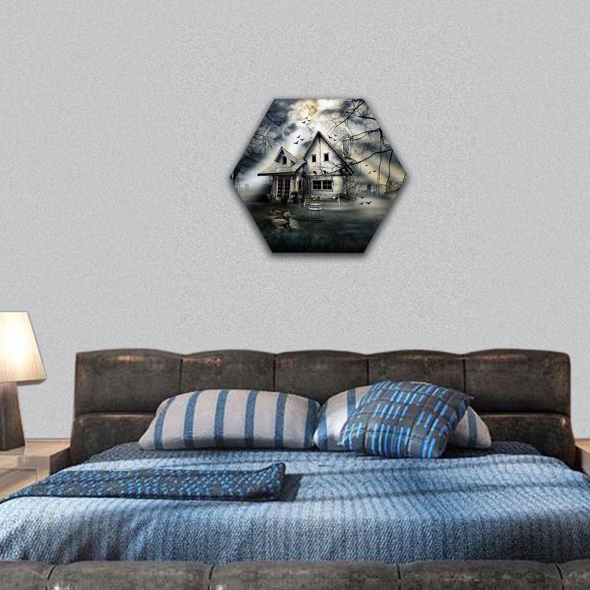 Haunted house with dark scary horror atmosphere hexagonal canvas wall art