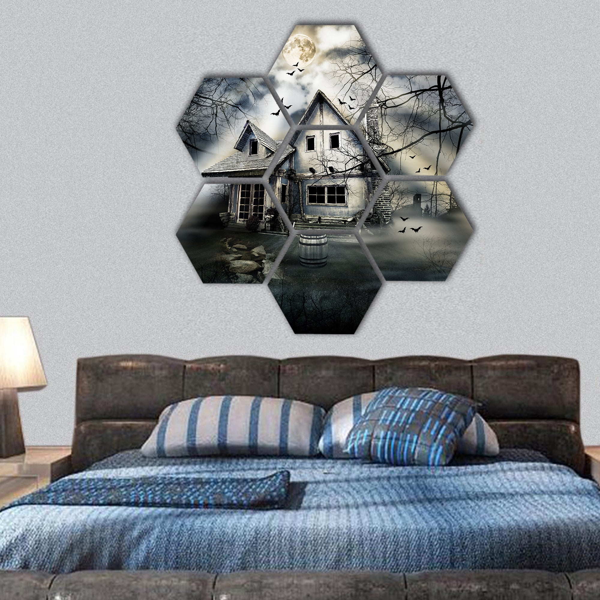 Haunted house with dark scary horror atmosphere hexagonal canvas wall art