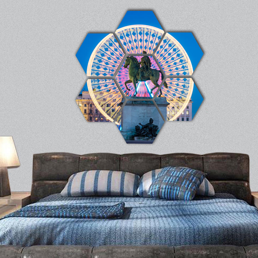 Place Bellecour statue of King Louis , Lyon France hexagonal canvas wall art