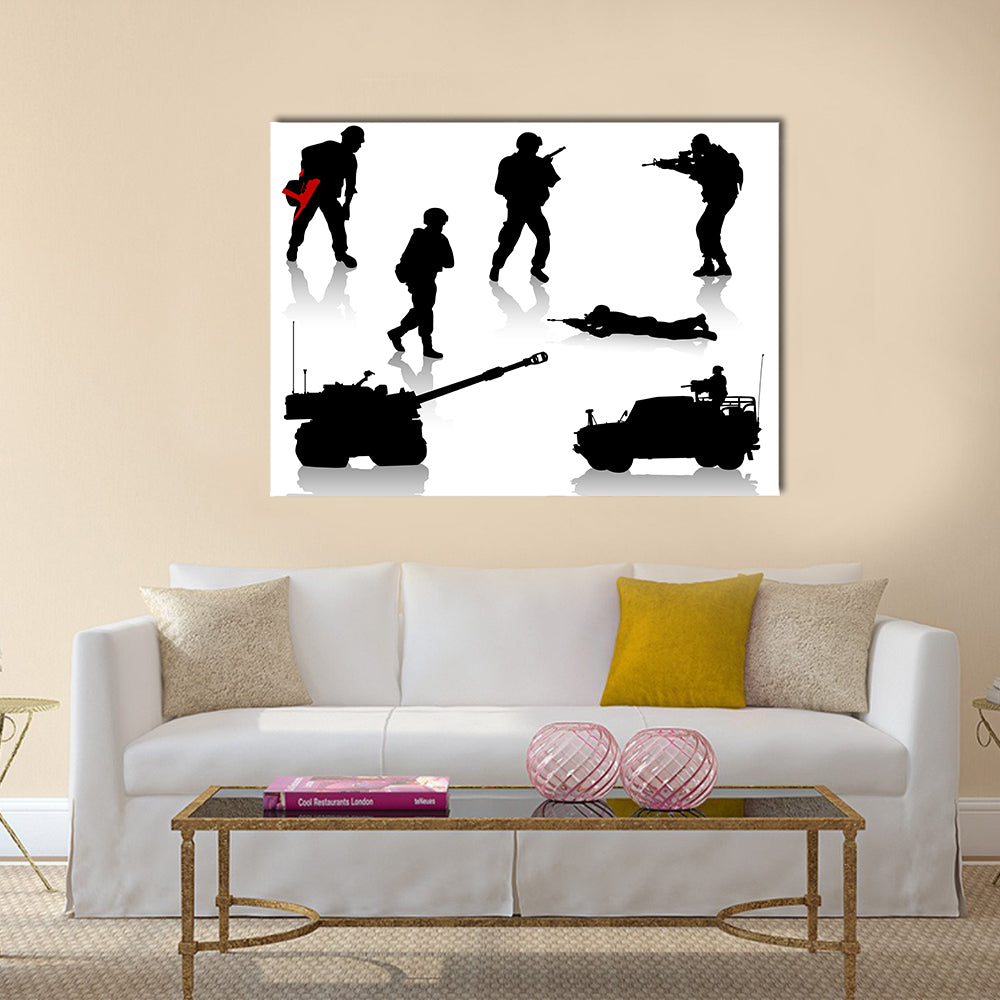 Silhouettes Collection Of Military Forces Exercising For The War, Multi Panel Canvas Wall Art