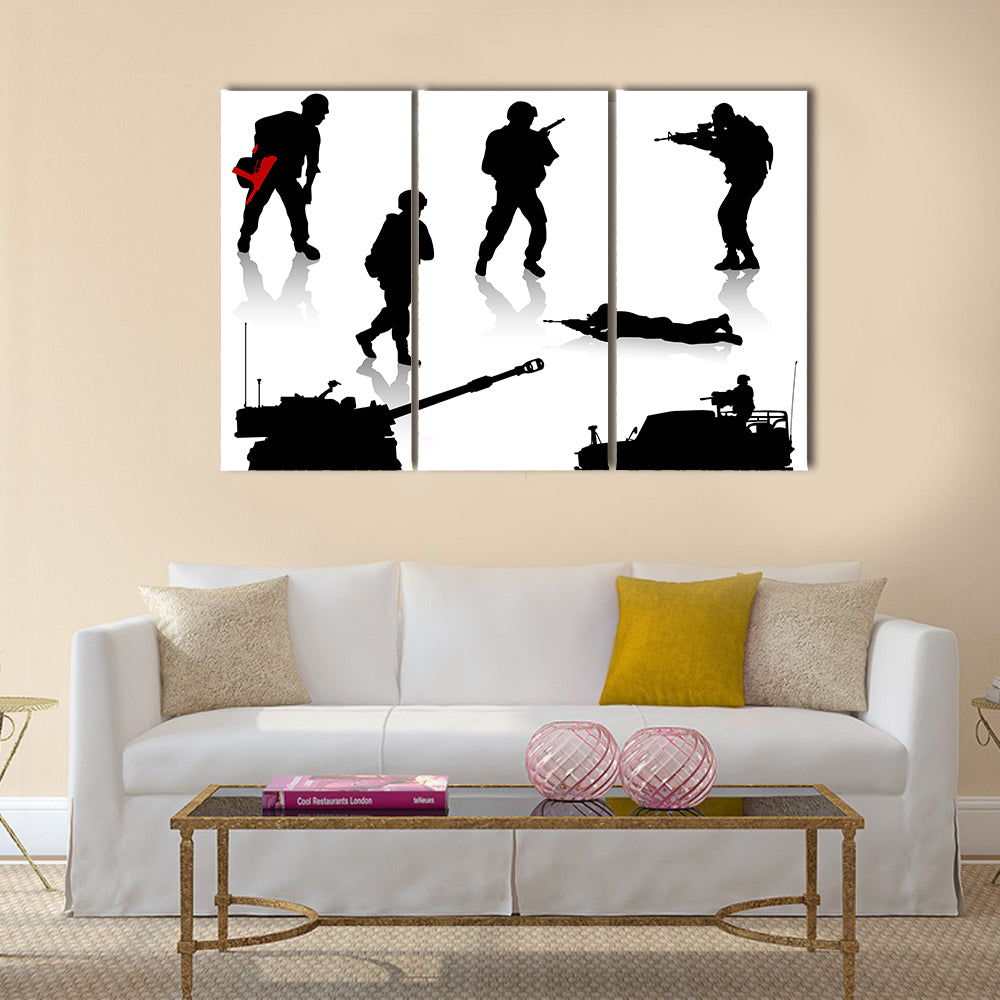 Silhouettes Collection Of Military Forces Exercising For The War, Multi Panel Canvas Wall Art