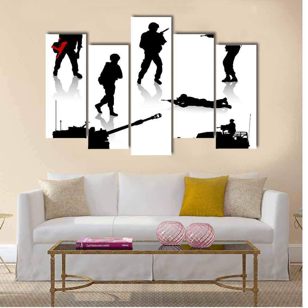 Silhouettes Collection Of Military Forces Exercising For The War, Multi Panel Canvas Wall Art