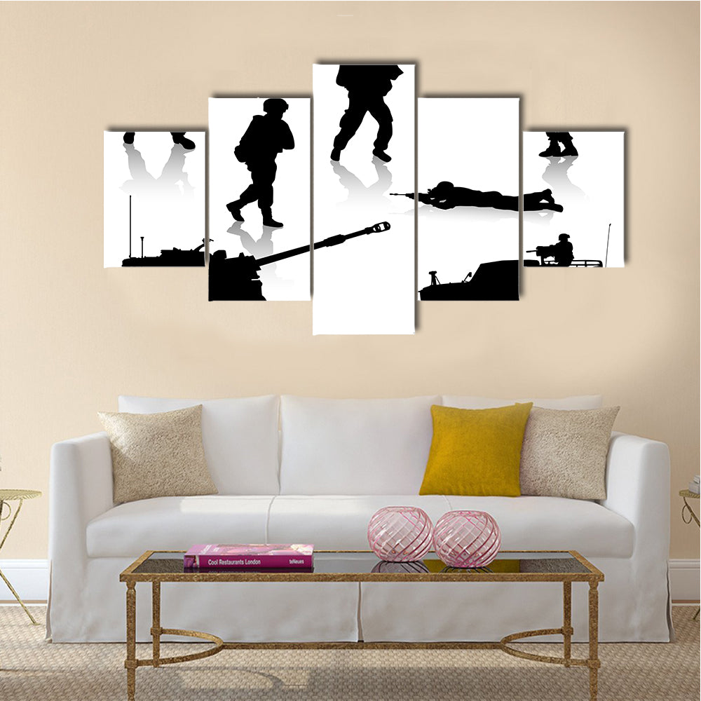 Silhouettes Collection Of Military Forces Exercising For The War, Multi Panel Canvas Wall Art