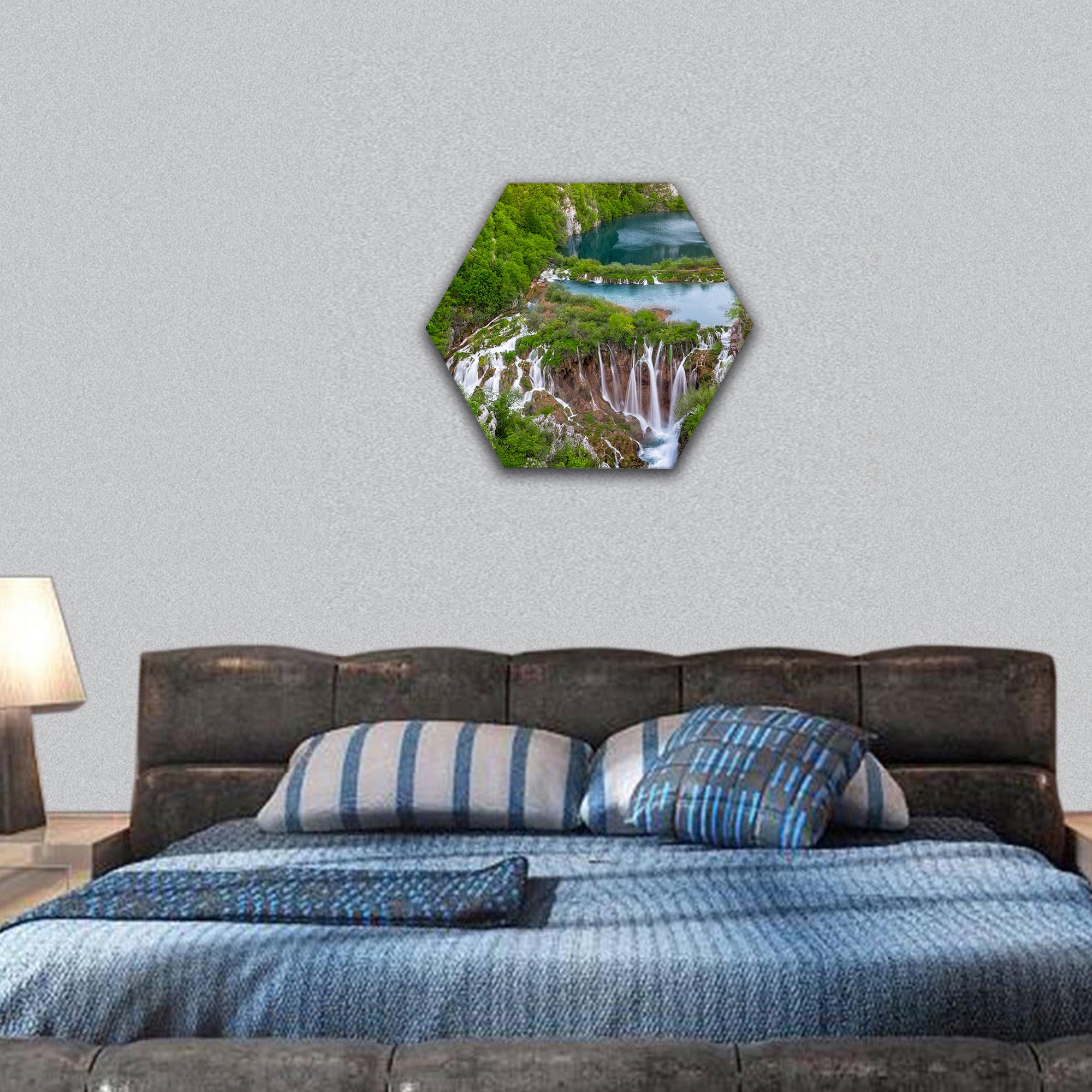 Breathtaking view of waterfalls in the Plitvice hexagonal canvas wall art