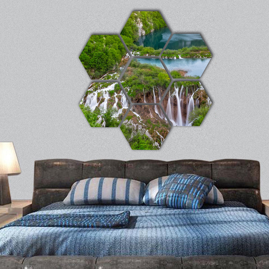 Breathtaking view of waterfalls in the Plitvice hexagonal canvas wall art