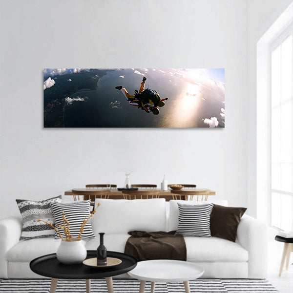 Portrait of two tandem skydivers in action panoramic canvas wall art