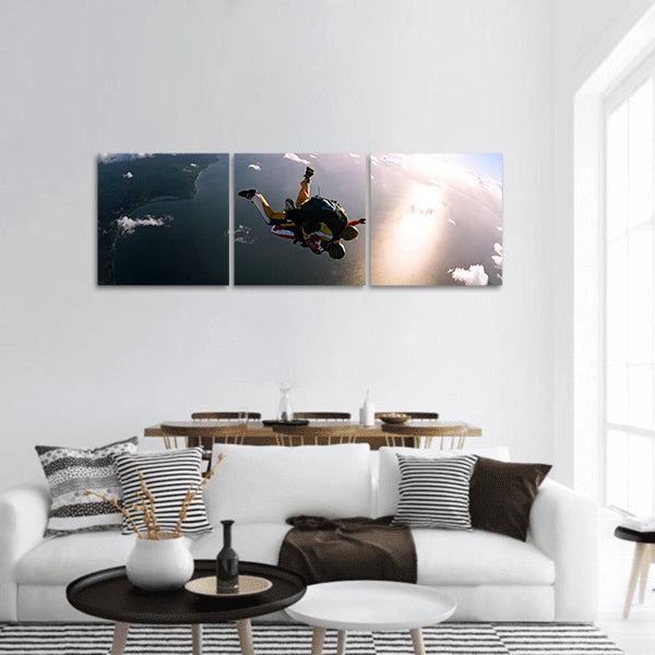 Portrait of two tandem skydivers in action panoramic canvas wall art