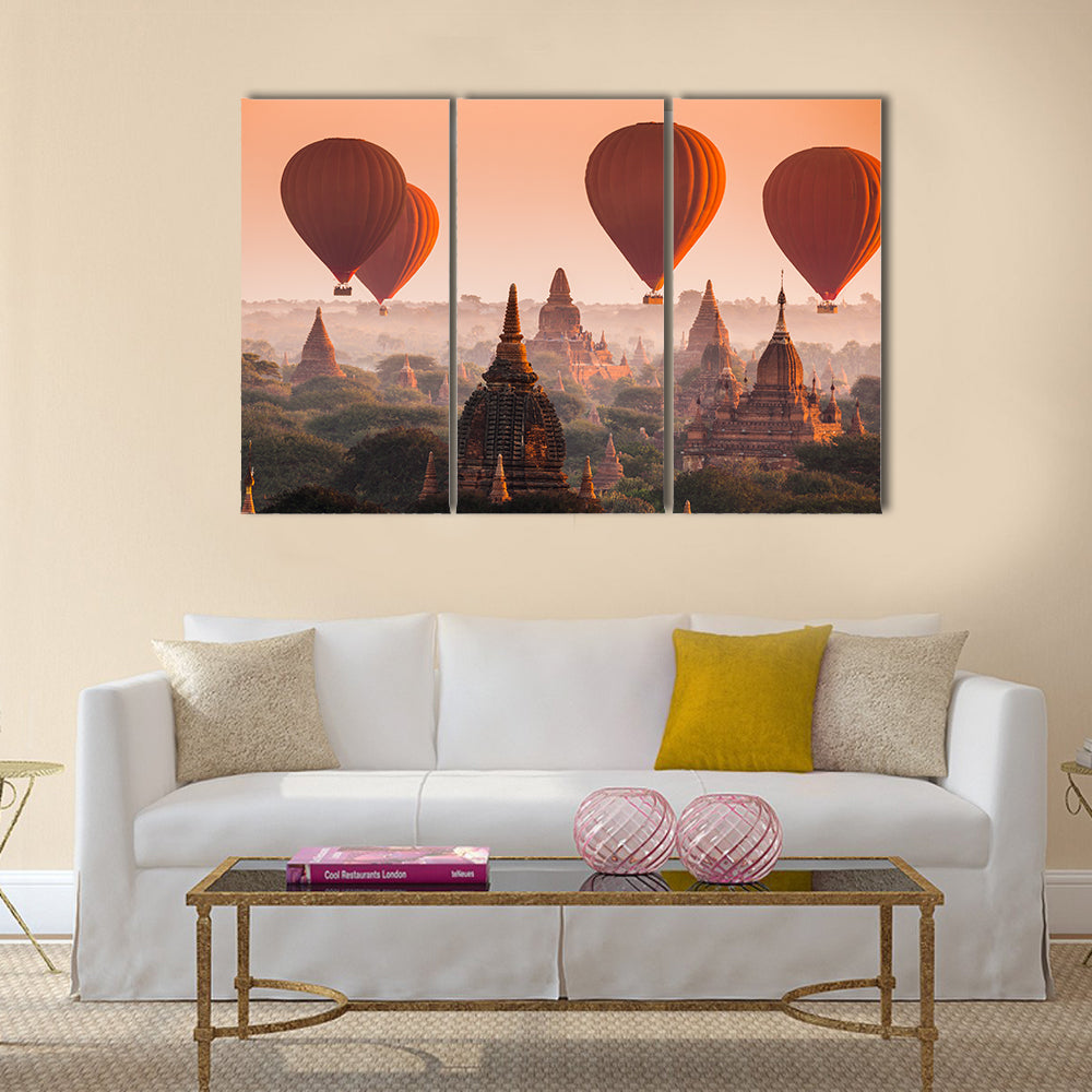 Hot air balloon over plain of Bagan in misty morning, Myanmar Multi panel canvas wall art