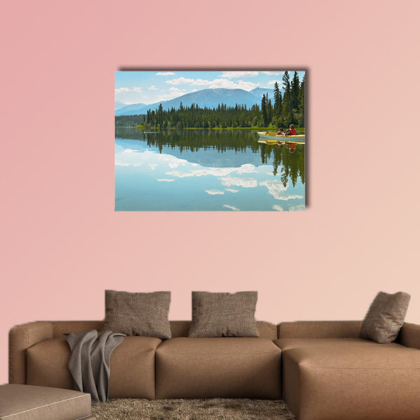 Canadian landscape with canoe in Pyramid lake Multi panel canvas wall art