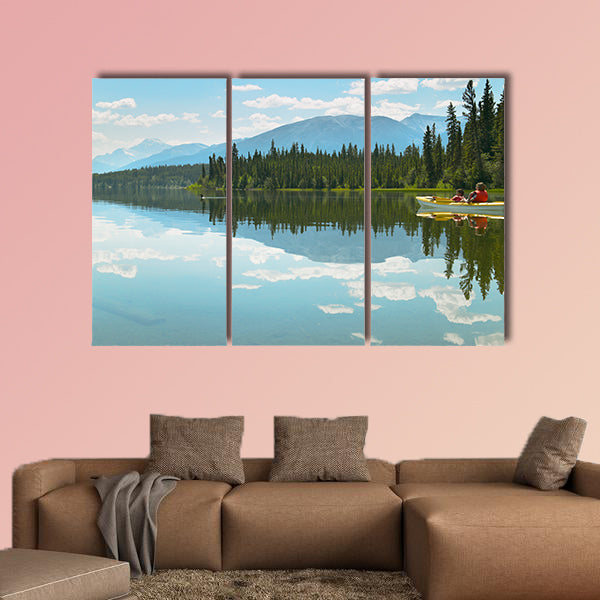 Canadian landscape with canoe in Pyramid lake Multi panel canvas wall art
