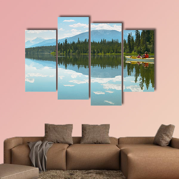 Canadian landscape with canoe in Pyramid lake Multi panel canvas wall art