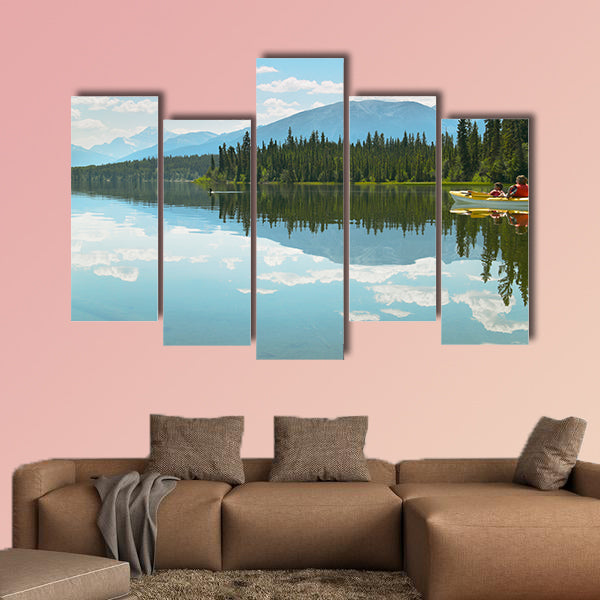 Canadian landscape with canoe in Pyramid lake Multi panel canvas wall art