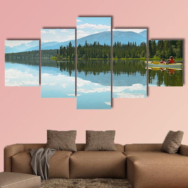 Canadian landscape with canoe in Pyramid lake Multi panel canvas wall art