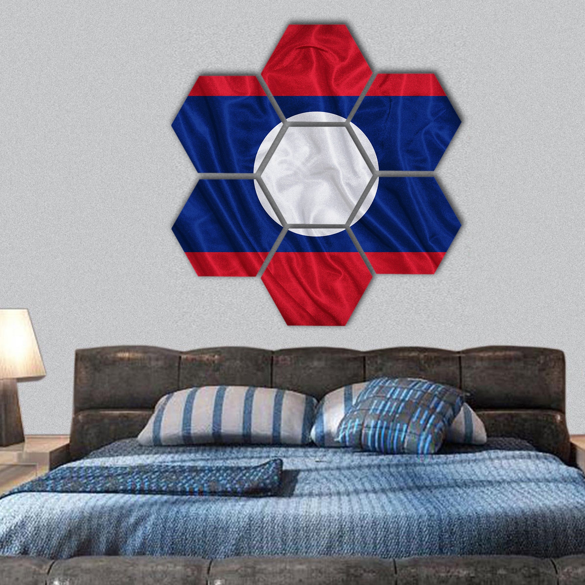 Laos flag pattern on the fabric texture ,vintage style hexagonal canvas wall art