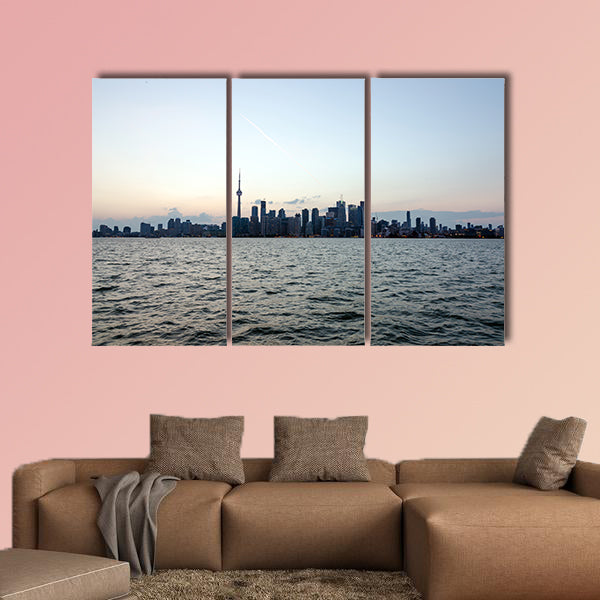 Skyline of Toronto over Ontario Lake at sunset Multi panel canvas wall art
