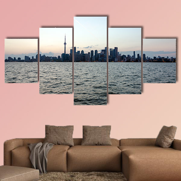 Skyline of Toronto over Ontario Lake at sunset Multi panel canvas wall art