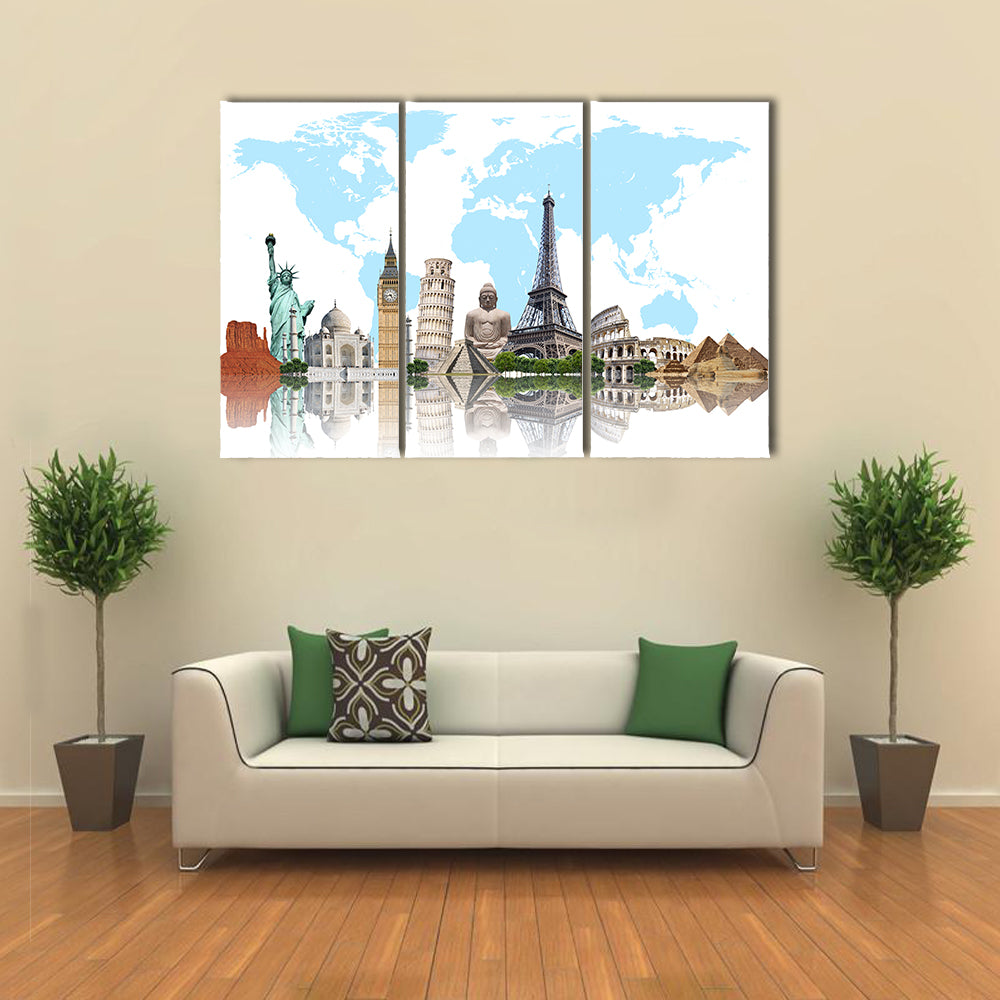 Famous monuments of the world illustrating the travel and holidays Multi panel canvas wall art