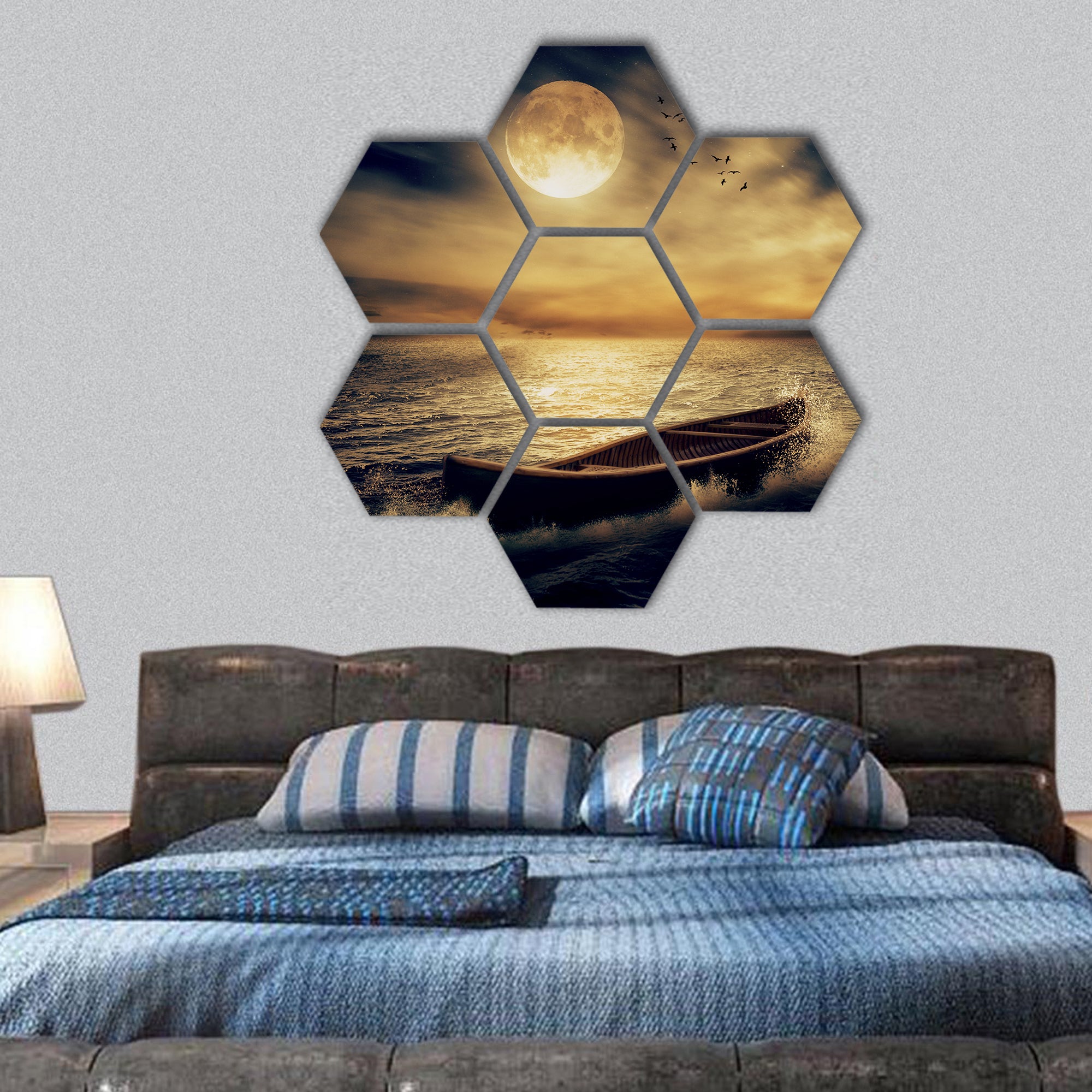 moonlight sky night skyline clouds hexagonal canvas wall art